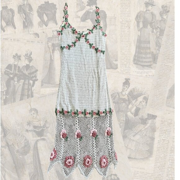 Vintage Crochet Dress - Rare - Taupe/Champagne - #Art Deco #Fairy #Romantic -EUC - Picture 2 of 5